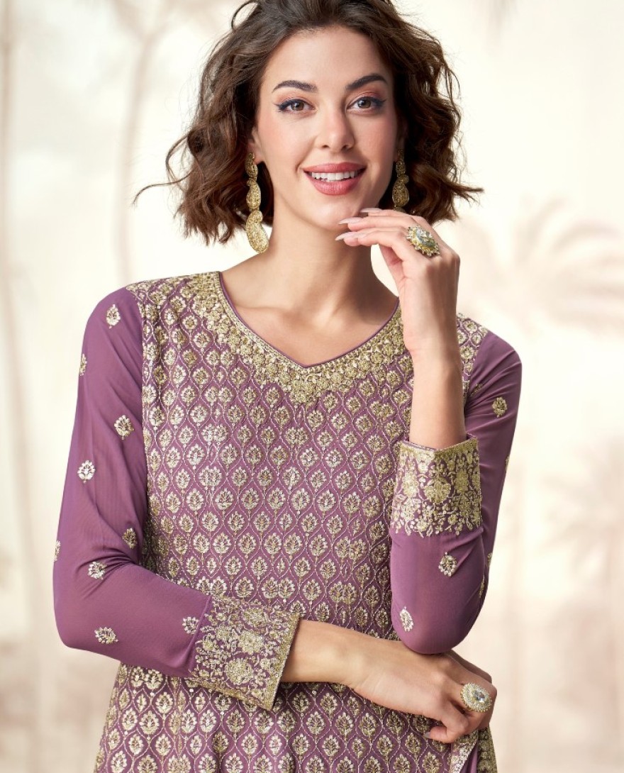 10221-purple - Embroidered and Zari Work Georgette Palazzo Salwar Suit In Purple Color